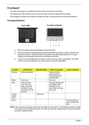 Page 22
16Chapter 1
Touchpad
The build-in touchpad is a  pointing device that senses movement on its surface. 
This means the cursor responds as you move  your finger across the surface of the touchpad.
The touchpad is located in the middle of the palm  rest area, providing maximum comfort and efficiency.
Touchpad Basics
TMove your finger across the touchpad to move the cursor.
TPress the left (1) and right  (4) buttons located beneath the touchpad to perform selection and 
execution functions. These two...