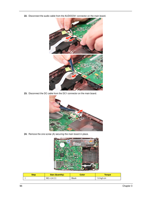 Page 10696Chapter 3
22.Disconnect the audio cable from the AUDIOCN1 connector on the main board. 
23.Disconnect the DC cable from the DC1 connector on the main board.
24.Remove the one screw (A) securing the main board in place. 
StepSize (Quantity)ColorTo r q u e
1 M2 x L4 (1) Black 1.6 kgf-cm 