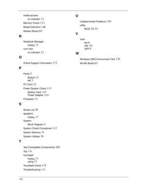 Page 186176
media access
on indicator
 12
Memory Check 113
Model Definition 146
Modem Board 65
N
Notebook Manager
hotkey
 17
num lock
on indicator
 12
O
Online Support Information 173
P
Panel 5
Bottom 11
left 5
PC Card 12
Power System Check 113
Battery Pack 115
Power Adapter 114
Processor 31
S
Screw List 58
speakers
hotkey
 17
System
Block Diagram
 4
System Check Procedures 112
System Memory 31
System Utilities 39
T
Test Compatible Components 169
To p 131
touchpad
hotkey
 17
using 13
Touchpad Check 115...