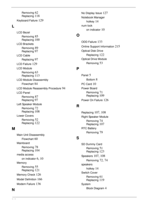 Page 228218
Removing 62
Replacing 118
Keyboard Failure 129
L
LCD Bezel
Removing
 85
Replacing 100
LCD Brackets
Removing
 89
Replacing 97
LCD Cable
Replacing
 97
LCD Failure 129
LCD Module
Removing
 63
Replacing 113
LCD Module Disassembly
Flowchart
 84
LCD Module Reassembly Procedure 94
LCD Panel
Removing
 87
Replacing 97
Left Speaker Module
Removing
 72
Replacing 108
Lower Covers
Removing
 52
Replacing 122
M
Main Unit Disassembly
Flowchart
 60
Mainboard
Removing
 78
Replacing 104
media access
on indicator
 6,...