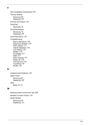 Page 229219
T
Test Compatible Components 199
Thermal Module
Removing
 80
Replacing 103
Thermal Unit Failure 136
TouchPad
Removing
 76
TouchPad Bracket
Removing
 76
Replacing 105
TouchPad Failure 130
Troubleshooting
Built-in KB Failure
 129
EasyTouch Buttons 136
HDTV Switch 137
Internal Speakers 130
LCD Failure 129
Modem 136
No Display 127
ODD 133
Other Failures 137
Power On 126
Thermal Unit 136
TouchPad 130
WLAN 136
U
Undetermined Problems 138
Upper Cover
Removing
 67
Replacing 109
utility
BIOS
 25–37
W
Windows...
