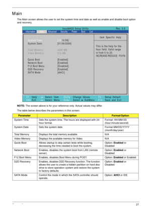 Page 37Chapter 227
Main
The Main screen allows the user to set the system time and date as well as enable and disable boot option 
and recovery.
NOTE: The screen above is for your reference only. Actual values may differ.
The table below describes the parameters in this screen. 
ParameterDescriptionFormat/Option
System Time Sets the system time. The hours are displayed with 24-
hour format.Format: HH:MM:SS 
(hour:minute:second) 
System Date Sets the system date. Format MM/DD/YYYY 
(month/day/year)
Total Memory...