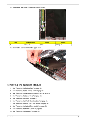 Page 85Chapter 375
18.Remove the one screw (C) securing the LED board. 
19.Remove the LED board from the upper cover. 
Removing the Speaker Module
1.See “Removing the Battery Pack” on page 50.
2.See “Removing the SD dummy card” on page 51.
3.See “Removing the ExpressCard dummy card” on page 51.
4.See “Removing the Lower Cover” on page 52.
5.See “Removing the DIMM” on page 53.
6.See “Removing the WLAN Board Modules” on page 54.
7.See “Removing the Hard Disk Drive Module” on page 56.
8.See “Removing the Optical...