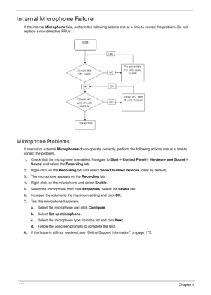 Page 136126Chapter 4
Internal Microphone Failure
If the internal Microphone fails, perform the following actions one at a time to correct the problem. Do not 
replace a non-defective FRUs:
Microphone Problems
If internal or external Microphones do no operate correctly, perform the following actions one at a time to 
correct the problem.
1.Check that the microphone is enabled. Navigate to Start´ Control Panel´ Hardware and Sound´ 
Sound and select the Recording tab.
2.Right-click on the Recording tab and select...