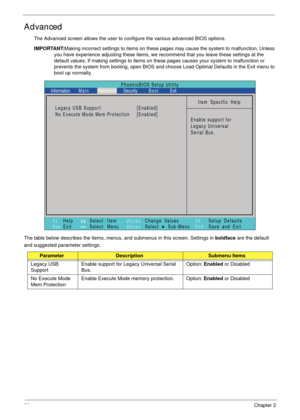 Page 3626Chapter 2
Advanced
The Advanced screen allows the user to configure the various advanced BIOS options.
IMPORTANT:Making incorrect settings to items on these pages may cause the system to malfunction. Unless 
you have experience adjusting these items, we recommend that you leave these settings at the 
default values. If making settings to items on these pages causes your system to malfunction or 
prevents the system from booting, open BIOS and choose Load Optimal Defaults in the Exit menu to 
boot up...