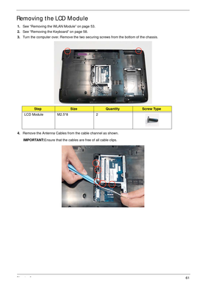 Page 71Chapter 361
Removing the LCD Module
1.See “Removing the WLAN Module” on page 53.
2.See “Removing the Keyboard” on page 58.
3.Turn the computer over. Remove the two securing screws from the bottom of the chassis.
4.Remove the Antenna Cables from the cable channel as shown.
IMPORTANT:Ensure that the cables are free of all cable clips.
StepSizeQuantityScrew Type
LCD Module M2.5*8 2 