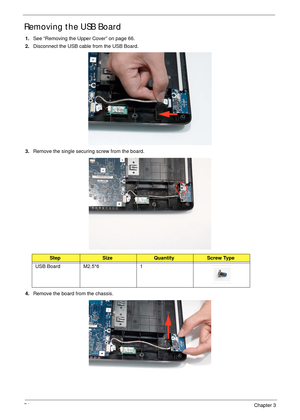 Page 8474Chapter 3
Removing the USB Board
1.See “Removing the Upper Cover” on page 66.
2.Disconnect the USB cable from the USB Board.
3.Remove the single securing screw from the board.
4.Remove the board from the chassis.
StepSizeQuantityScrew Type
USB Board M2.5*6 1 