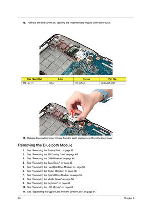 Page 8476Chapter 3
15. Remove the one screws (F) securing the modem board module to the lower case.  
16.Release the modem board module from the latch and remove it from the lower case.
Removing the Bluetooth Module
1.See “Removing the Battery Pack” on page 46.
2.See “Removing the SD Dummy Card” on page 47.
3.See “Removing the DIMM Module” on page 48.
4.See “Removing the Back Cover” on page 49.
5.See “Removing the Hard Disk Drive Module” on page 50.
6.See “Removing the WLAN Modules” on page 53.
7.See “Removing...