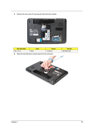 Page 57Chapter 349
5.Remove the one screw (F) securing the hard disk drive module. 
6.Slide the hard disk drive module away from the connector. 
Size (Quantity)ColorTo r q u ePart No.
M2 x L4 (1) Silver 1.6 kgf-cm 86.9A552.4R0 