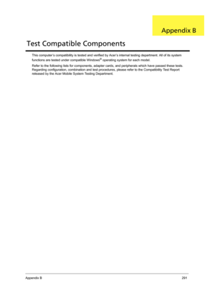 Page 299Appendix B291
This computer’s compatibility is tested and verified by Acer’s internal testing department. All of its system 
functions are tested under compatible Windows® operating system for each model. 
Refer to the following lists for components, adapter cards, and peripherals which have passed these tests. 
Regarding configuration, combination and test procedures, please refer to the Compatibility Test Report 
released by the Acer Mobile System Testing Department.
Test Compatible Components
Appendix B 