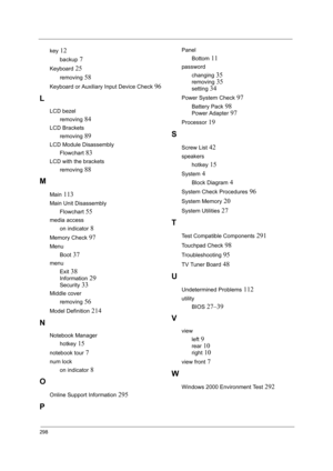 Page 306298
key 12
backup 7
Keyboard 25
removing 58
Keyboard or Auxiliary Input Device Check 96
L
LCD bezel
removing
 84
LCD Brackets
removing
 89
LCD Module Disassembly
Flowchart
 83
LCD with the brackets
removing
 88
M
Main 113
Main Unit Disassembly
Flowchart
 55
media access
on indicator
 8
Memory Check 97
Menu
Boot
 37
menu
Exit
 38
Information 29
Security 33
Middle cover
removing
 56
Model Definition 214
N
Notebook Manager
hotkey
 15
notebook tour 7
num lock
on indicator
 8
O
Online Support Information 295...