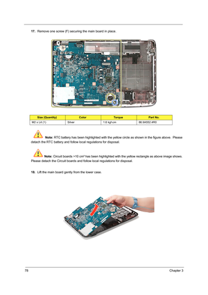 Page 8678Chapter 3
17.Remove one screw (F) securing the main board in place.    
 Note: RTC battery has been highlighted with the yellow circle as shown in the figure above.  Please 
detach the RTC battery and follow local regulations for disposal.
Note: Circuit boards >10 cm² has been highlighted with the yellow rectangle as above image shows. 
Please detach the Circuit boards and follow local regulations for disposal.
18.Lift the main board gently from the lower case.
Size (Quantity)ColorTo r q u ePart No.
M2...