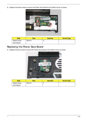 Page 127Chapter 311 7
2.Replace the three screws to secure the Power Save Board to the Switch Cover as shown.
Replacing the Power Save Board
3.Replace the two screws to secure the Power Save Board to the Switch Cover as shown.
StepSizeQuantityScrew Type
Switch Cover
(red callout)M2.5*4 3
StepSizeQuantityScrew Type
Switch Cover
(red callout)M2.5*4 2 