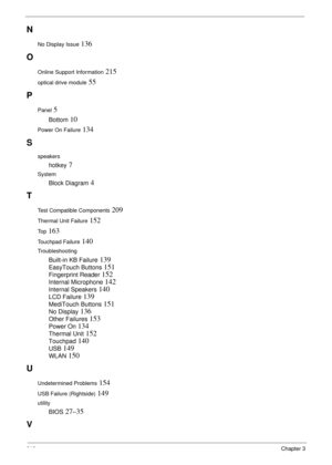 Page 228218Chapter 3
N
No Display Issue 136
O
Online Support Information 215
optical drive module 55
P
Panel 5
Bottom 10
Power On Failure 134
S
speakers
hotkey 7
System
Block Diagram 4
T
Test Compatible Components 209
Thermal Unit Failure 152
To p 163
Touchpad Failure 140
Troubleshooting
Built-in KB Failure 139
EasyTouch Buttons 151
Fingerprint Reader 152
Internal Microphone 142
Internal Speakers 140
LCD Failure 139
MediTouch Buttons 151
No Display 136
Other Failures 153
Power On 134
Thermal Unit 152
Touchpad...