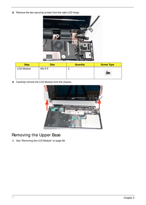 Page 8272Chapter 3
8.Remove the two securing screws from the right LCD hinge.
9.Carefully remove the LCD Module from the chassis.
Removing the Upper Base
1.See “Removing the LCD Module” on page 68.
StepSizeQuantityScrew Type
LCD Module M2.5*5 2 