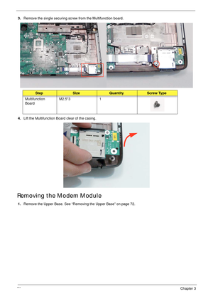 Page 8878Chapter 3
3.Remove the single securing screw from the Multifunction board.
4.Lift the Multifunction Board clear of the casing.
Removing the Modem Module
1.Remove the Upper Base. See “Removing the Upper Base” on page 72.
StepSizeQuantityScrew Type
Multifunction 
BoardM2.5*3 1 