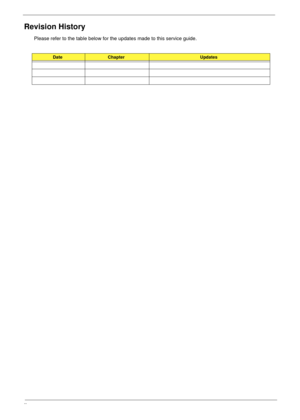 Page 2II
Revision History
Please refer to the table below for the updates made to this service guide.
DateChapterUpdates 