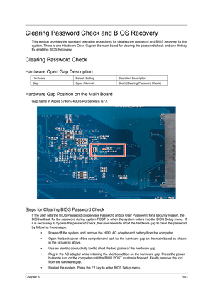 Page 111Chapter 5103
Clearing Password Check and BIOS Recovery
This section provides the standard operating procedures for clearing the password and BIOS recovery for the 
system. There is one Hardware Open Gap on the main board for clearing the password check and one Hotkey 
for enabling BIOS Recovery.
Clearing Password Check
Hardware Open Gap Description
Hardware Gap Position on the Main Board
Gap name in Aspire 5740/5740D/5340 Series is G77.  
Steps for Clearing BIOS Password Check
If the user sets the BIOS...