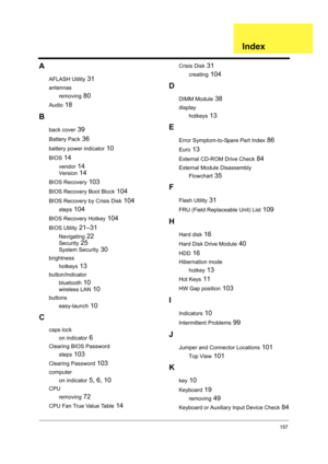 Page 165157
A
AFLASH Utility 31
antennas
removing
 80
Audio 18
B
back cover 39
Battery Pack 36
battery power indicator 10
BIOS 14
vendor 14
Version 14
BIOS Recovery 103
BIOS Recovery Boot Block 104
BIOS Recovery by Crisis Disk 104
steps 104
BIOS Recovery Hotkey 104
BIOS Utility 21–31
Navigating 22
Security 25
System Security 30
brightness
hotkeys
 13
button/indicator
bluetooth
 10
wireless LAN 10
buttons
easy-launch
 10
C
caps lock
on indicator
 6
Clearing BIOS Password
steps
 103
Clearing Password 103
computer...