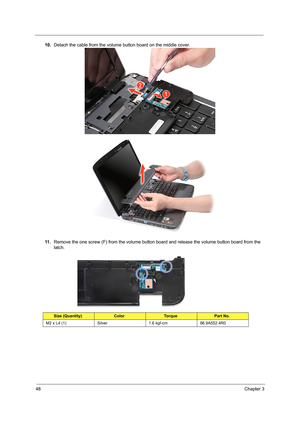 Page 5648Chapter 3
10.Detach the cable from the volume button board on the middle cover.    
11 .Remove the one screw (F) from the volume button board and release the volume button board from the 
latch.       
Size (Quantity)ColorTo r q u ePart No.
M2 x L4 (1) Silver 1.6 kgf-cm 86.9A552.4R0 