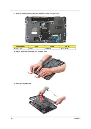 Page 6456Chapter 3
17.Remove the ten screws (A) securing the lower case to the upper case.  
18.Gently detach the upper case from the lower case.
19.Remove the upper case.
Size (Quantity)ColorTo r q u ePart No.
M2.5 x L8 (10) Black 3.0 kgf-cm 86.00E34.738 