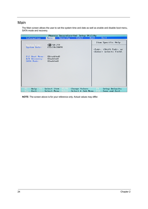 Page 3224Chapter 2
Main
The Main screen allows the user to set the system time and date as well as enable and disable boot menu, 
SATA mode and recovery.
NOTE: The screen above is for your reference only. Actual values may differ. 