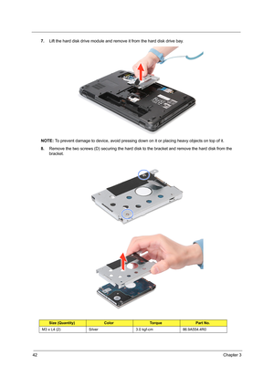 Page 5042Chapter 3
7.Lift the hard disk drive module and remove it from the hard disk drive bay.
NOTE: To prevent damage to device, avoid pressing down on it or placing heavy objects on top of it. 
8.Remove the two screws (D) securing the hard disk to the bracket and remove the hard disk from the 
bracket.      
Size (Quantity)ColorTo r q u ePart No.
M3 x L4 (2) Silver 3.0 kgf-cm 86.9A554.4R0 