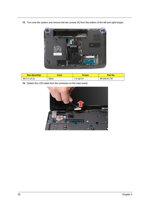 Page 6052Chapter 3
13.Turn over the system and remove the two screws (A) from the bottom of the left and right hinges. 
14.Detach the LCD cable from the connector on the main board.
Size (Quantity)ColorTo r q u ePart No.
M2.5 x L8 (2) Black 3.0 kgf-cm 86.00E34.738 