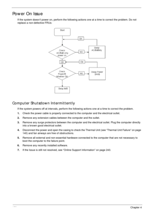 Page 140130Chapter 4
Power On Issue
If the system doesn’t power on, perform the following actions one at a time to correct the problem. Do not 
replace a non-defective FRUs:
Computer Shutsdown Intermittently
If the system powers off at intervals, perform the following actions one at a time to correct the problem.
1.Check the power cable is properly connected to the computer and the electrical outlet. 
2.Remove any extension cables between the computer and the outlet.
3.Remove any surge protectors between the...