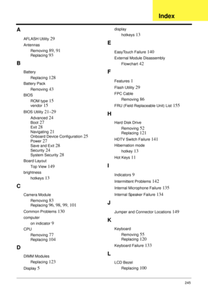 Page 255245
A
AFLASH Utility 29
Antennas
Removing
 89, 91
Replacing 93
B
Battery
Replacing
 128
Battery Pack
Removing
 43
BIOS
ROM type
 15
vendor 15
BIOS Utility 21–29
Advanced 24
Boot 27
Exit 28
Navigating 21
Onboard Device Configuration 25
Power 27
Save and Exit 28
Security 24
System Security 28
Board Layout
Top View
 149
brightness
hotkeys
 13
C
Camera Module
Removing
 83
Replacing 96, 98, 99, 101
Common Problems 130
computer
on indicator
 9
CPU
Removing
 77
Replacing 104
D
DIMM Modules
Replacing
 123...