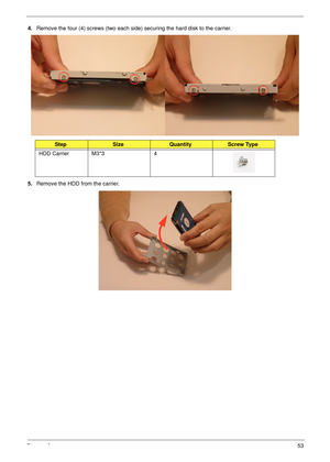Page 63Chapter 353
4.Remove the four (4) screws (two each side) securing the hard disk to the carrier.
5.Remove the HDD from the carrier.
StepSizeQuantityScrew Type
HDD Carrier M3*3 4 