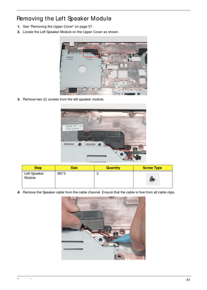 Page 71Chapter 361
Removing the Left Speaker Module
1.See “Removing the Upper Cover” on page 57.
2.Locate the Left Speaker Module on the Upper Cover as shown.
3.Remove two (2) screws from the left speaker module.
4.Remove the Speaker cable from the cable channel. Ensure that the cable is free from all cable clips.
StepSizeQuantityScrew Type
Left Speaker 
ModuleM2*3 2 