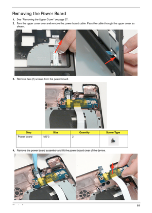 Page 75Chapter 365
Removing the Power Board
1.See “Removing the Upper Cover” on page 57.
2.Turn the upper cover over and remove the power board cable. Pass the cable through the upper cover as 
shown.
3.Remove two (2) screws from the power board.
4.Remove the power board assembly and lift the power board clear of the device.
StepSizeQuantityScrew Type
Power board M2*3 2 