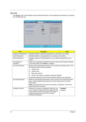 Page 24
16Chapter 1
Security
The Security menu screen displays system passwords options to help safeguard and protect your computer 
from unauthorized use.
FieldDescriptionVa l ue
Supervisor Password Is Indicates  whether a supervisor password is in use (Set) or not (Clear).
User Password Is Indicates whether a user  password is in use (Set) or not (Clear).
HDD Password Is Indicates whether an HDD password  is in use (HDD Password Set) or not 
(Clear).
Set Supervisor 
Password When set, this password will allow...