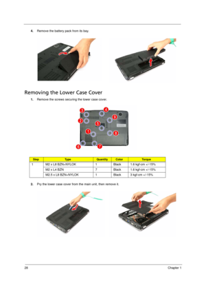 Page 36
28Chapter 1
4.Remove the battery pack from its bay.
Removing the Lower Case Cover  
1.Remove the screws securing  the lower case cover. 
2. Pry the lower case cover from the main unit, then remove it.
StepTy p e QuantityColorTo r q u e
1 M2 x L8 BZN+NYLOK 1 Black 1.6 kgf-cm +/-15%
M2 x L4 BZN 7 Black 1.6 kgf-cm +/-15%
M2.5 x L8 BZN+NYLOK 1 Black 3 kgf-cm +/-15%
Acer Aspire 5910 SG.book  Page  28  Tuesday, May 29, 2007  11:40 AM 