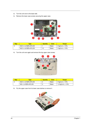 Page 52
44Chapter 1
2.Turn the unit over to the base side. 
3. Remove the lower case screws securing the upper case. 
4. Turn the unit over again and remove the top upper case screws. 
5. Pry the upper case from its lowe r case latches to remove it. 
StepTy p e QuantityColorTo r q u e
4 M2.5 x L4 BZN+NYLOK 1 Black 3 kgf-cm +/-15%
M2.5 x L8 BZN+NYLOK 10 Black 3 kgf-cm +/-15%
StepTy p e QuantityColorTo r q u e
2 M2.5 x L6 BZN+NYLOK 2 Black 3 kgf-cm +/-15%M2 x L4 BZN+NYLOK 3 Black 1.6 kgf-cm +/-15%
Acer Aspire...