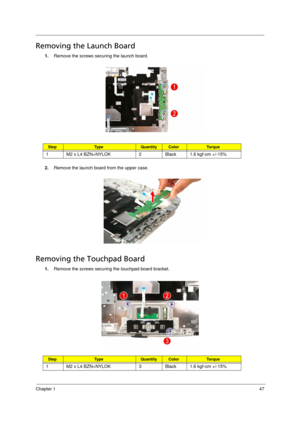 Page 55
Chapter 147
Removing the Launch Board     
1.Remove the screws securing the launch board.   
2. Remove the launch board from the upper case.
Removing the Touchpad Board      
1.Remove the screws securing the touchpad board bracket.   
StepTy p e QuantityColorTo r q u e
1 M2 x L4 BZN+NYLOK 2 Black 1.6 kgf-cm +/-15%
StepTy p e QuantityColorTo r q u e
1 M2 x L4 BZN+NYLOK 3 Black 1.6 kgf-cm +/-15%
Acer Aspire 5910 SG.book  Page  47  Tuesday, May 29, 2007  11:40 AM 