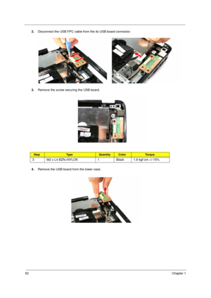 Page 60
52Chapter 1
2.Disconnect the USB FPC cable from the its USB board connector.
3. Remove the screw securing the USB board.   
4. Remove the USB board from the lower case.
StepTy p e QuantityColorTo r q u e
3 M2 x L4 BZN+NYLOK 1 Black 1.6 kgf-cm +/-15%
Acer Aspire 5910 SG.book  Page  52  Tuesday, May 29, 2007  11:40 AM 