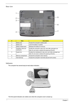 Page 18
12Chapter 1
Base view
Indicators
The computer has several easy-to-read status indicators. 
The front panel indicators are visible even when the computer cover is closed up.
#ItemDescription
1 Battery bay Houses the computer’s battery pack.
2 Battery lock Locks the battery in position.
3 Battery release latch Releases the battery for removal.
4 Ventilation slots and  cooling fan Enable the computer to stay cool, even after prolonged use.
Note: Do not cover or obstruct the opening of the fan.
5 System fan...