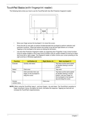 Page 2010Chapter 1
TouchPad Basics (with fingerprint reader)
The following items show you how to use the TouchPad with Acer Bio-Protection fingerprint reader:
• Move your finger across the touchpad (1) to move the cursor.
• Press the left (2) and right (4) buttons located beneath the touchpad to perform selection and 
execution functions. These two buttons are similar to the left and right buttons on a mouse. 
Tapping on the touchpad is the same as clicking the left button.
• Use Acer Bio-Protection fingerprint...