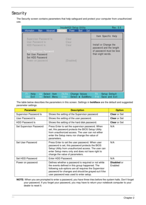 Page 3828Chapter 2
Security
The Security screen contains parameters that help safeguard and protect your computer from unauthorized 
use.
The table below describes the parameters in this screen. Settings in boldface are the default and suggested 
parameter settings.
NOTE: When you are prompted to enter a password, you have three tries before the system halts. Don’t forget 
your password. If you forget your password, you may have to return your notebook computer to your 
dealer to reset it....