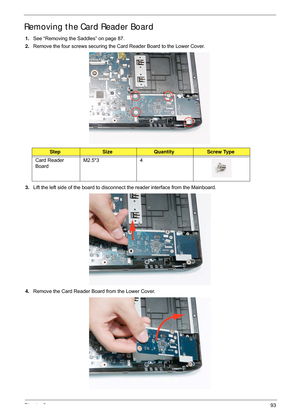 Page 103Chapter 393
Removing the Card Reader Board
1.See “Removing the Saddles” on page 87.
2. Remove the four screws securing the Card Reader Board to the Lower Cover.
3. Lift the left side of the board to disconnec t the reader interface from the Mainboard.
4. Remove the Card Reader Board from the Lower Cover.
StepSizeQuantityScrew Type
Card Reader 
Board M2.5*3 4 