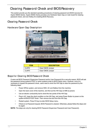 Page 178168Chapter 5
   Clearing Password Check and BIOS Recovery
This section provide you the standard operating proce dures of clearing password and BIOS recovery for 
Aspire 5940G Series. Aspire 5940G Series provides  one Hardware Open Gap on main board for clearing 
password check, and one Hotkey for enabling BIOS Recovery.
Clearing Password Check
Hardware Open Gap Description
Steps for Clearing BIOS Password Check
If users set BIOS Password (Supervisor Password and/or  User Password) for a security reason,...