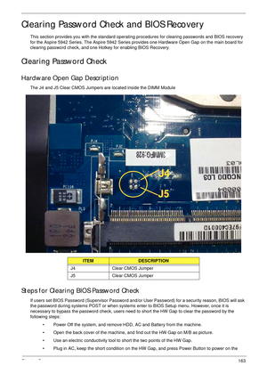 Page 175Chapter 5163
Clearing Password Check and BIOS Recovery
This section provides you with the standard operating procedures for clearing passwords and BIOS recovery 
for the Aspire 5942 Series. The Aspire 5942 Series provides one Hardware Open Gap on the main board for 
clearing password check, and one Hotkey for enabling BIOS Recovery.
Clearing Password Check
Hardware Open Gap Description
The J4 and J5 Clear CMOS Jumpers are located inside the DIMM Module
Steps for Clearing BIOS Password Check
If users set...