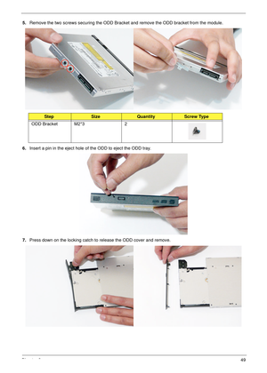 Page 61Chapter 349
5.Remove the two screws securing the ODD Bracket and remove the ODD bracket from the module.
 
6.Insert a pin in the eject hole of the ODD to eject the ODD tray.
7.Press down on the locking catch to release the ODD cover and remove.
 
StepSizeQuantityScrew Type
ODD Bracket M2*3 2 