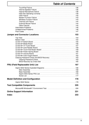 Page 9IX
Table of Contents
TouchPad Failure  . . . . . . . . . . . . . . . . . . . . . . . . . . . . . . . . . . . . . . . . . . . . . . .136
Internal Speaker Failure  . . . . . . . . . . . . . . . . . . . . . . . . . . . . . . . . . . . . . . . . . .136
Internal Microphone Failure   . . . . . . . . . . . . . . . . . . . . . . . . . . . . . . . . . . . . . . .138
HDD Not Operating Correctly  . . . . . . . . . . . . . . . . . . . . . . . . . . . . . . . . . . . . . .139
ODD Failure   . . . . . . . . . . . . . ....