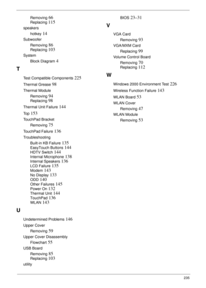 Page 247235
Removing 66
Replacing 115
speakers
hotkey
 14
Subwoofer
Removing
 86
Replacing 103
System
Block Diagram
 4
T
Test Compatible Components 225
Thermal Grease 98
Thermal Module
Removing
 94
Replacing 98
Thermal Unit Failure 144
To p 153
TouchPad Bracket
Removing
 75
TouchPad Failure 136
Troubleshooting
Built-in KB Failure
 135
EasyTouch Buttons 144
HDTV Switch 144
Internal Microphone 138
Internal Speakers 136
LCD Failure 135
Modem 143
No Display 133
ODD 140
Other Failures 145
Power On 132
Thermal Unit...