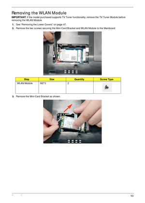 Page 65Chapter 353
Removing the WLAN Module
IMPORTANT: If the model purchased supports TV Tuner functionality, remove the TV Tuner Module before 
removing the WLAN Module.
1.See “Removing the Lower Covers” on page 47.
2.Remove the two screws securing the Mini-Card Bracket and WLAN Module to the Mainboard
3.Remove the Mini-Card Bracket as shown.
StepSizeQuantityScrew Type
WLAN Module M2*3 2 