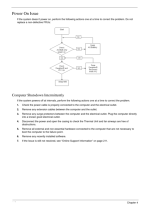 Page 12811 8Chapter 4
Power On Issue
If the system doesn’t power on, perform the following actions one at a time to correct the problem. Do not 
replace a non-defective FRUs:
Computer Shutsdown Intermittently
If the system powers off at intervals, perform the following actions one at a time to correct the problem.
1.Check the power cable is properly connected to the computer and the electrical outlet. 
2.Remove any extension cables between the computer and the outlet.
3.Remove any surge protectors between the...