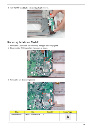 Page 83Chapter 373
4.Hold the USB board by the edges and pull up to remove.
Removing the Modem Module
1.Remove the Upper Base. See “Removing the Upper Base” on page 68.
2.Disconnect the RJ-11 cable from the modem as shown.
3.Remove the two (2) securing screws.
StepSizeQuantityScrew Type
Modem Module M2.0*3.0-I-NI-NYLOK 2 